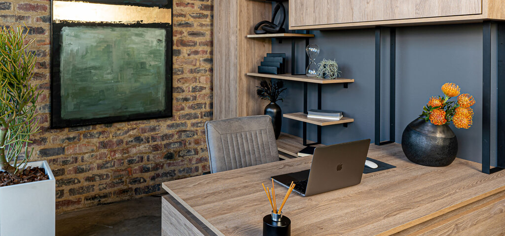 HUS - Our Spaces - Home Offices desk unit with grey-beige Gladstone Oak and powder-coated black steel frames.