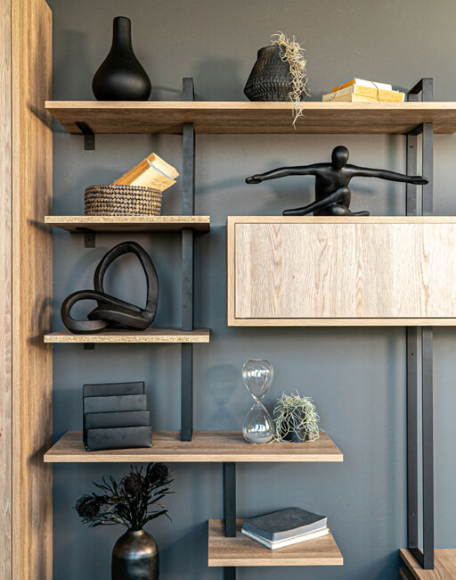 HUS - Our Spaces - Home Offices built-in bookcase with grey-beige Gladstone Oak and powder-coated black steel frames.